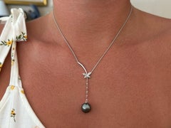 Diamond Butterfly Tahitian Pearl Dangly Drop Necklace 14k White Gold