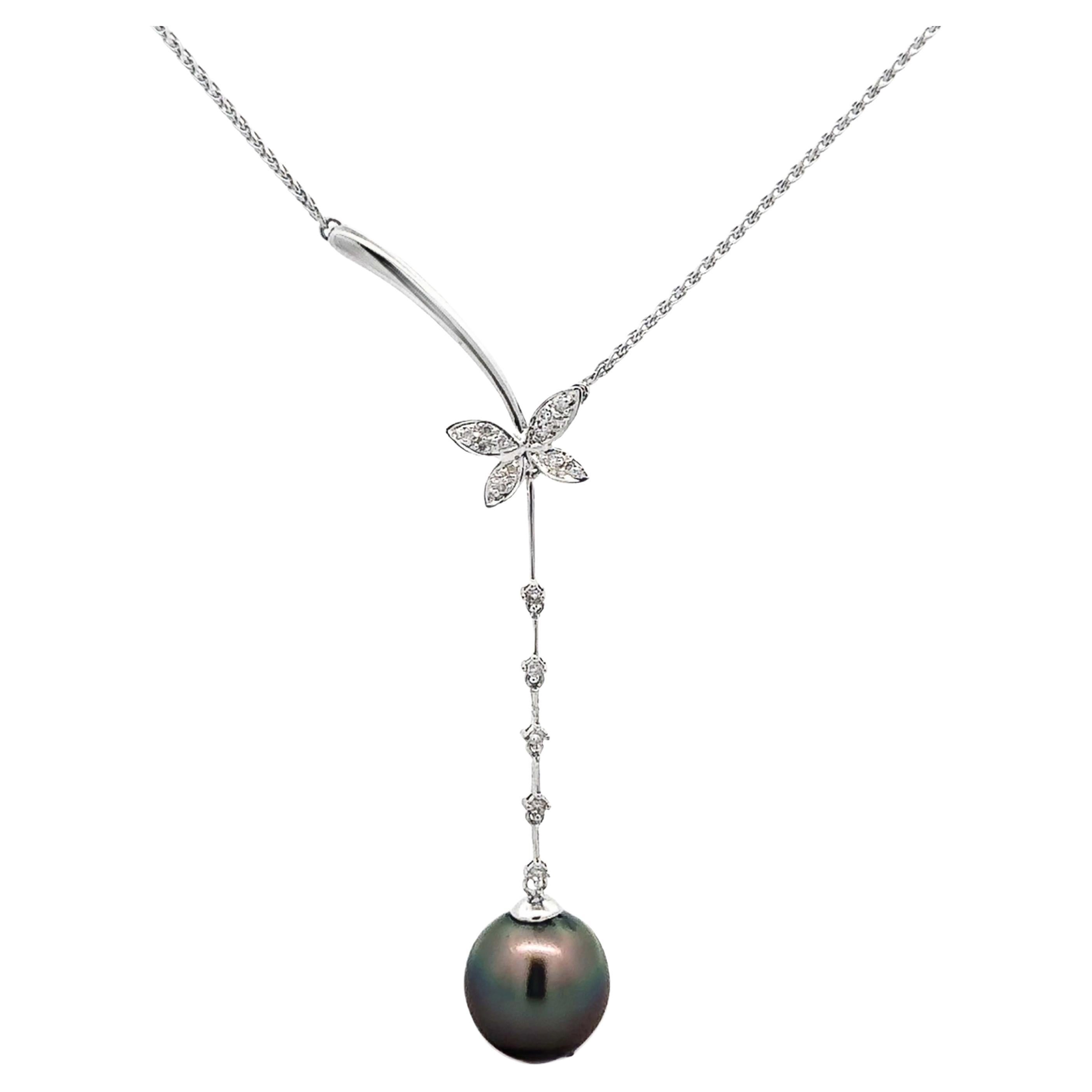 Diamond Butterfly Tahitian Pearl Dangly Drop Necklace 14k White Gold