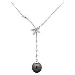 Diamond Butterfly Tahitian Pearl Dangly Drop Necklace 14k White Gold