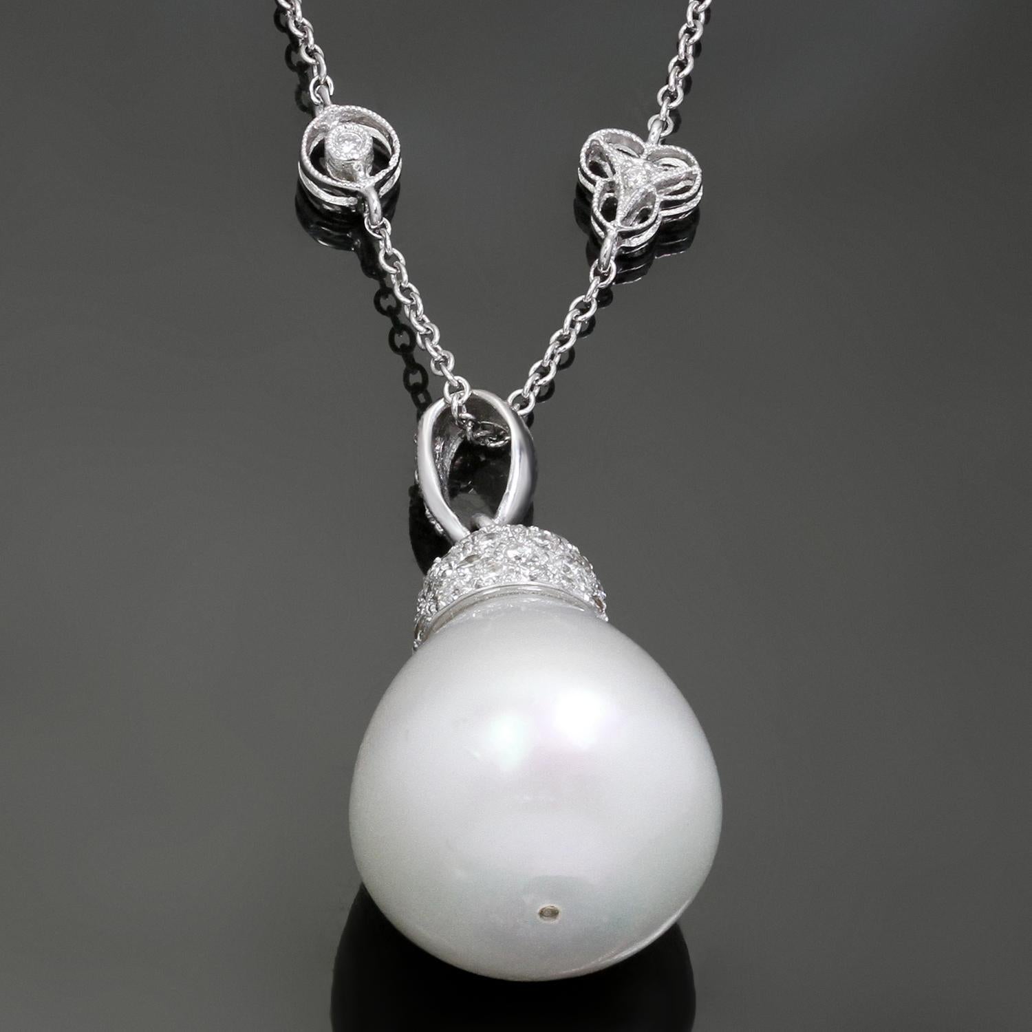 This classic Diamond By The Yard pendant necklace is crafted in 18k white gold and set with 16.0mm x 18.0mm South Sea Baroque Pearl with silver overtones, accented with brilliant-cut round diamonds of an estimated 1.65 carats. Made in United States