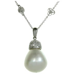Vintage Diamond by the Yard South Sea Baroque Pearl White Gold Pendant Necklace