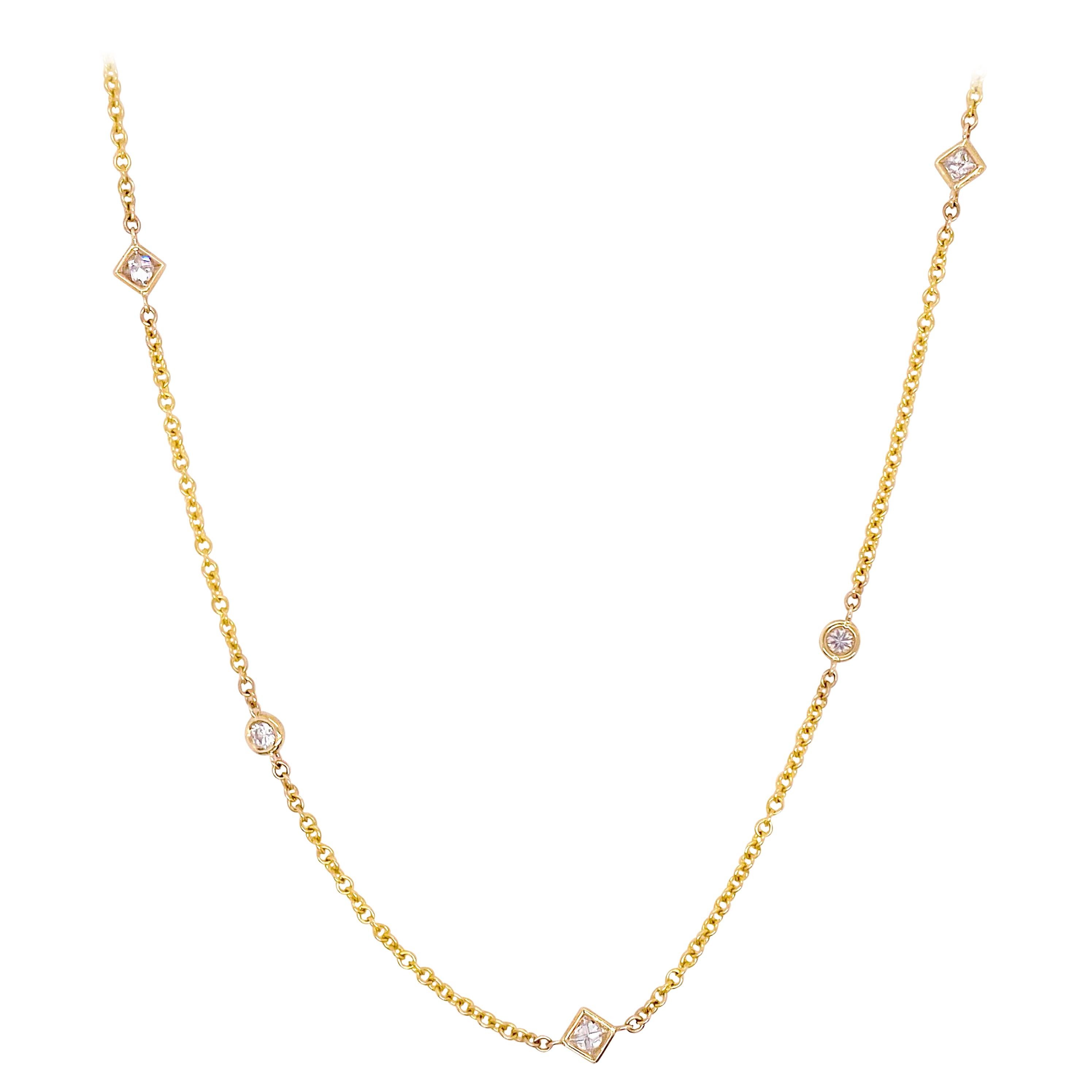 Diamond 0.65Carats Princess Cuts & Rounds Station Necklace in Bezels, 14K Gold