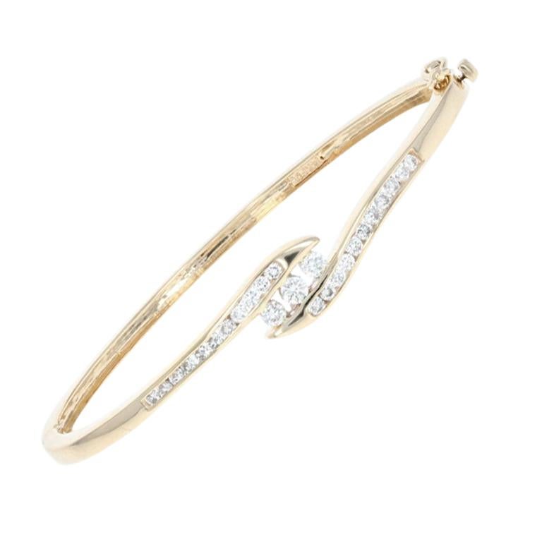 Diamond Bypass Bangle Bracelet, 14 Karat Gold Round Brilliant 1.00 Carat