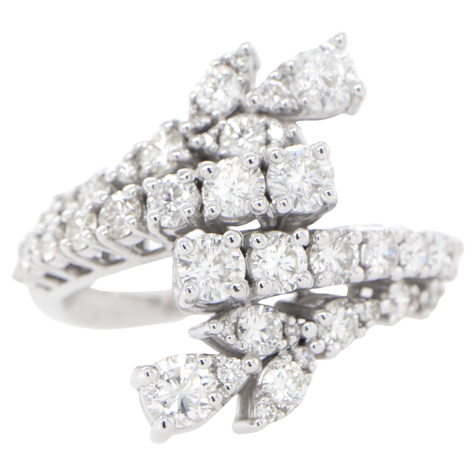 Diamond Bypass Cluster Ring 2.58 Carats 18K White Gold For Sale