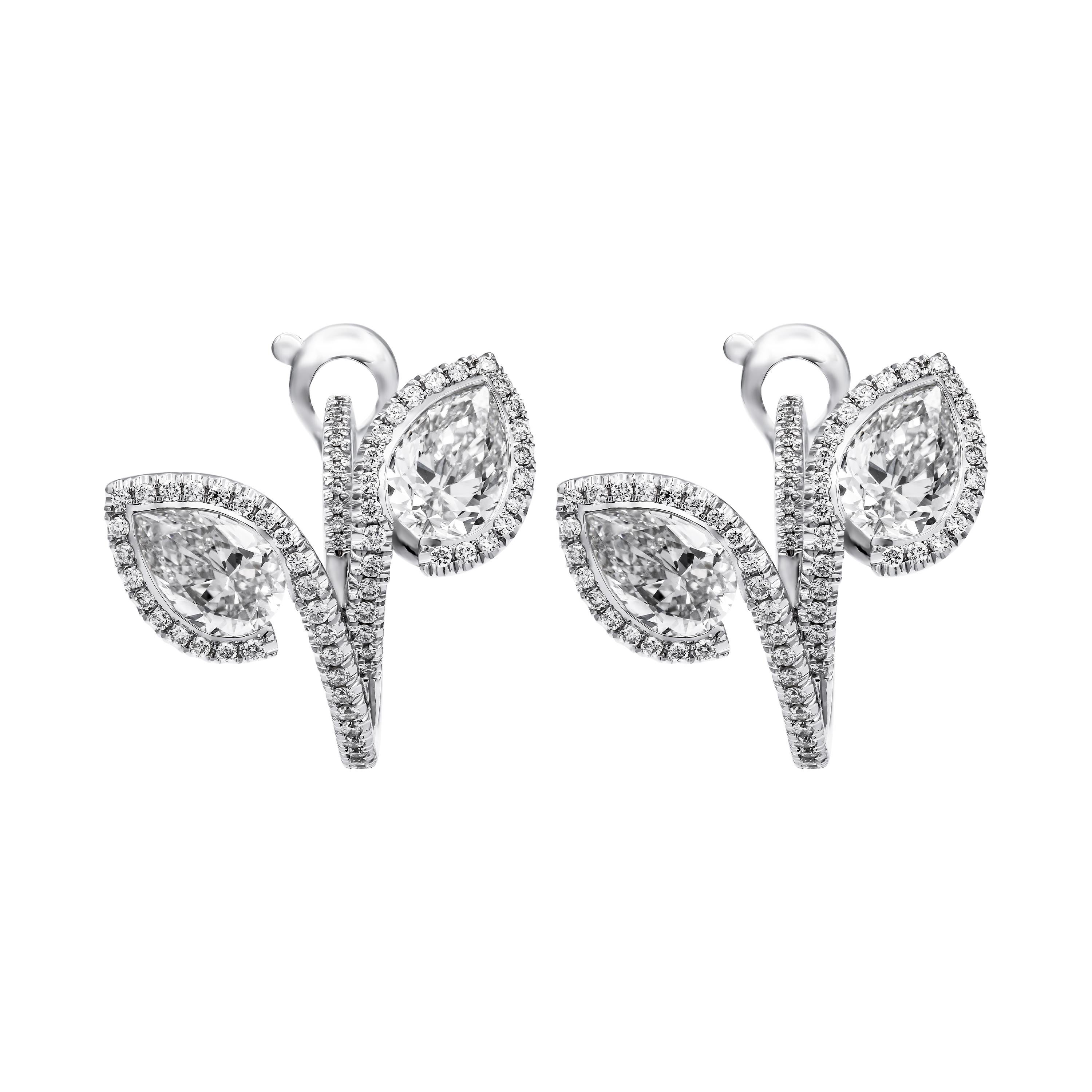 Hoop Earring with 4 GIA Certified Pear Shape diamonds 
Mounted in 18K White Gold featuring exceptional pave work , halo around each stone, encrusted with 1.5ct full cut diamonds G-H color and VS clarity
Stone Details: 
•	0.70ct G VS2 Pear Shape