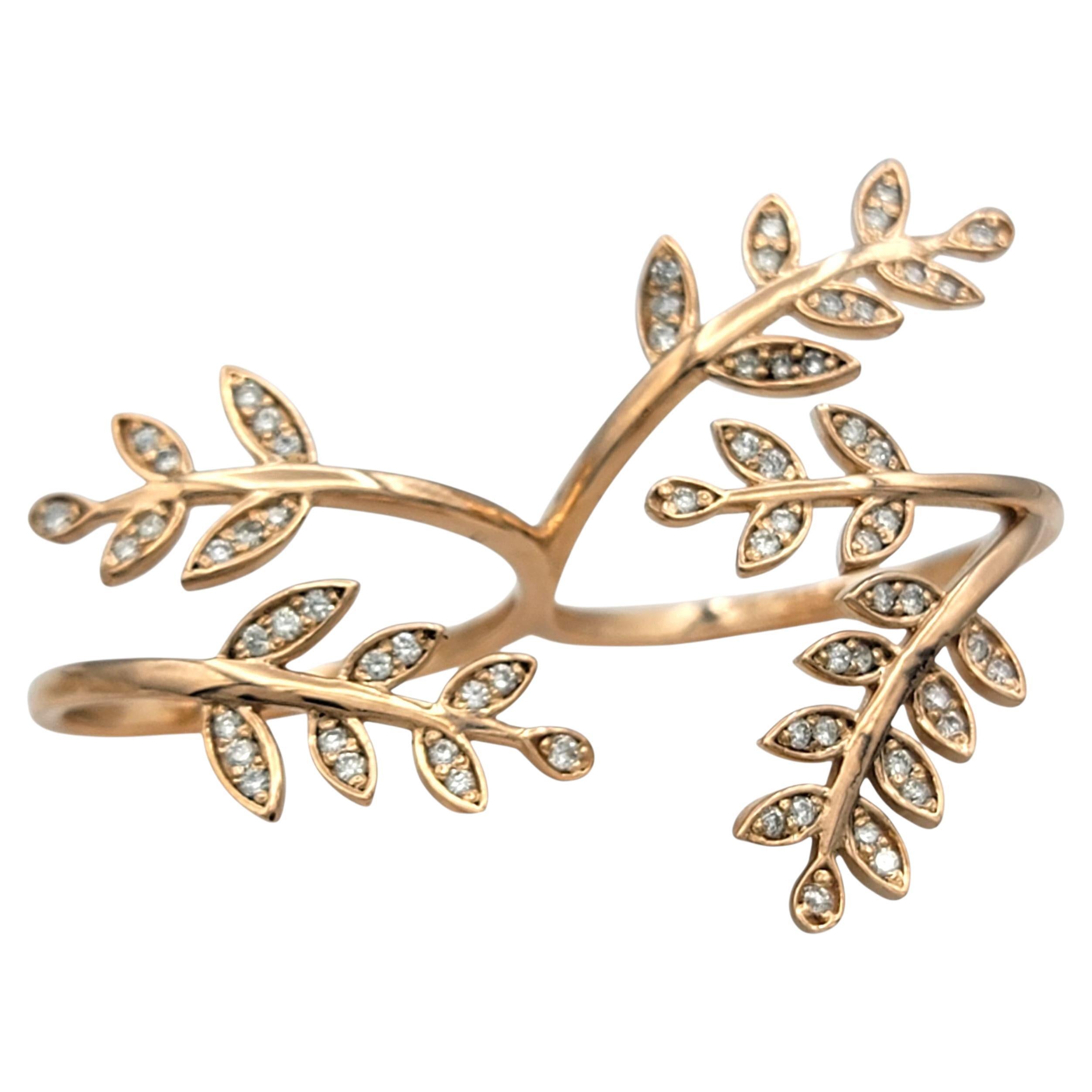 Diamond Bypass Style Leaf Motif Double Band Ring in 18 Karat Rose Gold