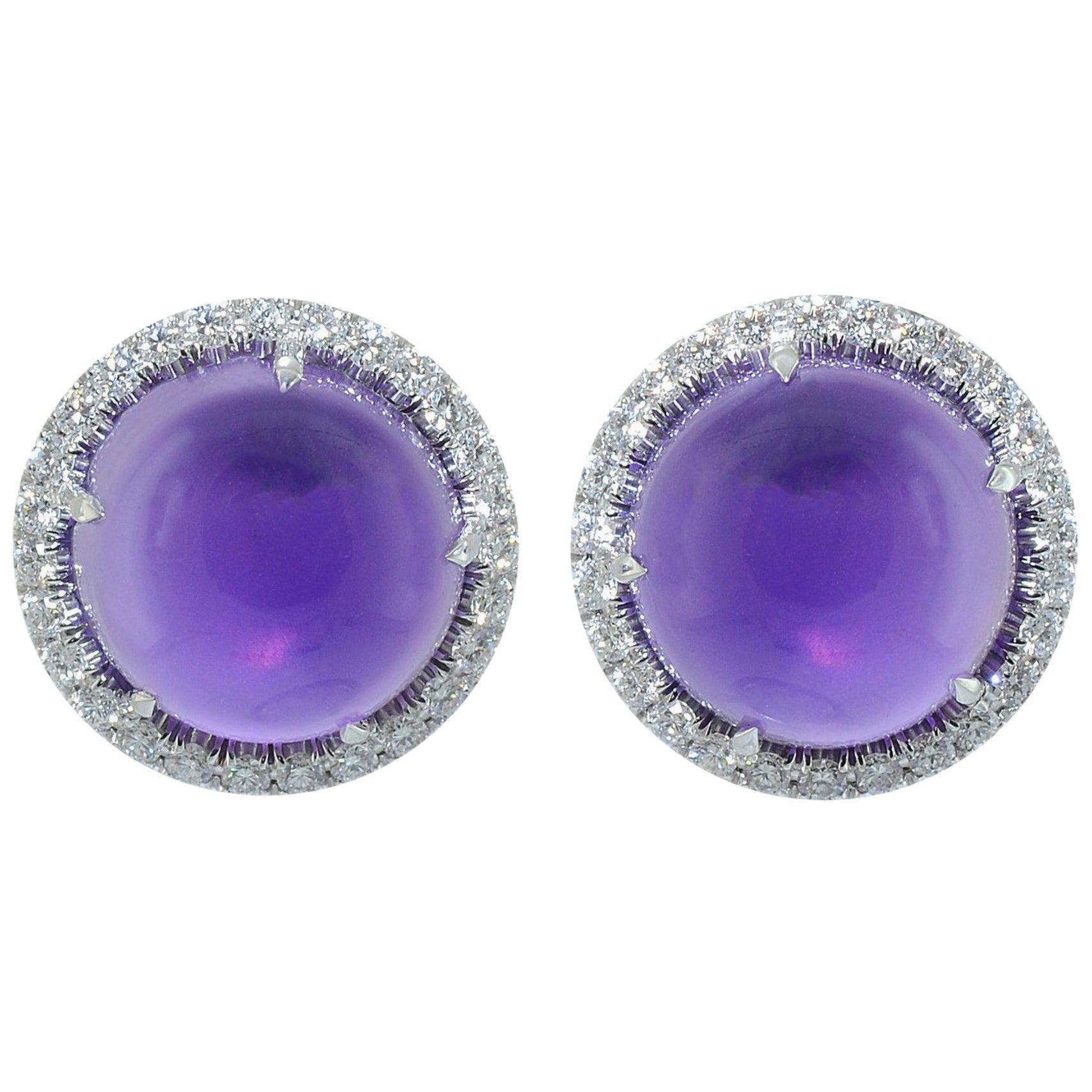 Diamond Cabochon Amethyst 18 KT White Gold Made in Italy Earrings