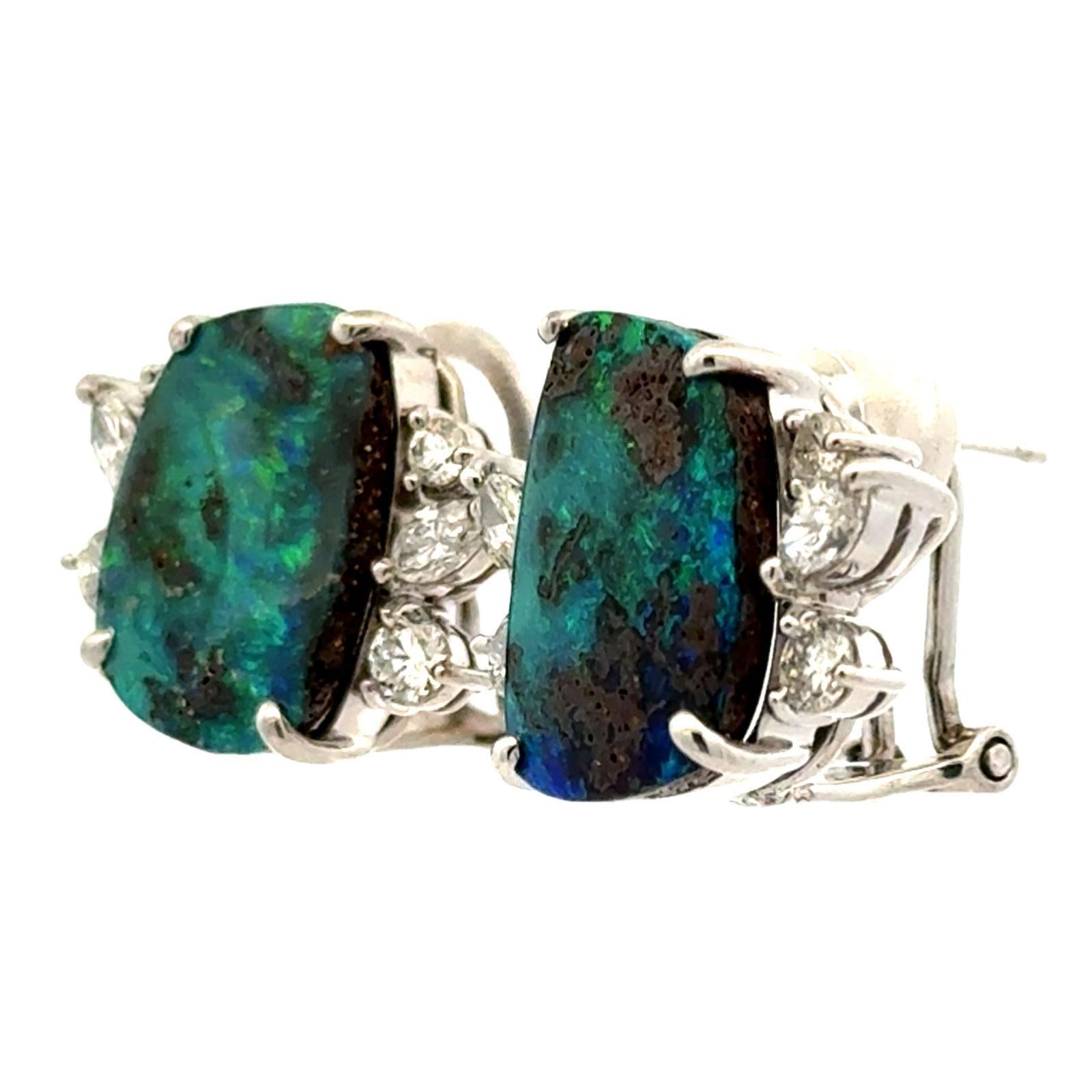 Contemporary Diamond Cabochon Black Opal 14 Karat White Gold Leverback Vintage Earrings