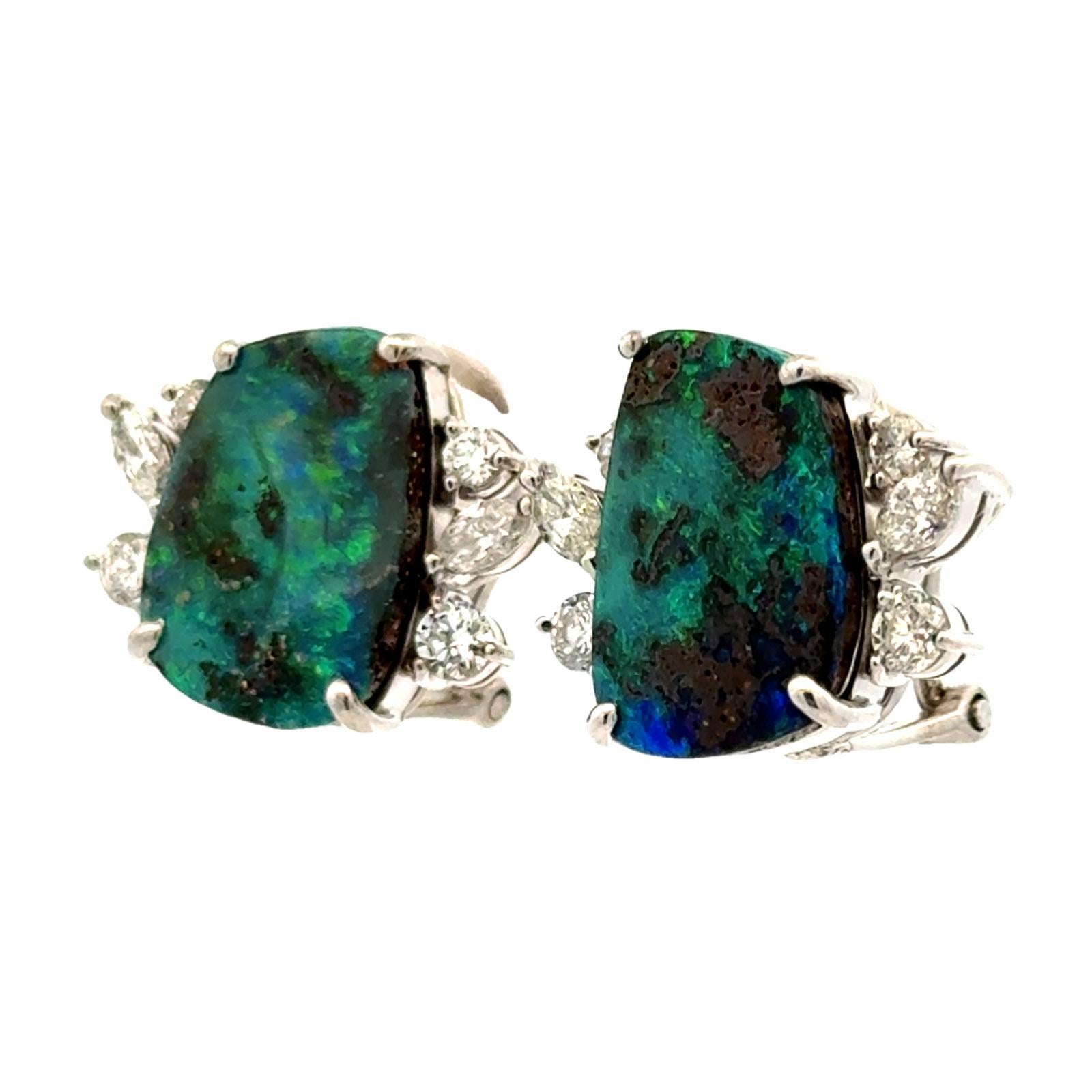 Diamond Cabochon Black Opal 14 Karat White Gold Leverback Vintage Earrings In Excellent Condition In Boca Raton, FL