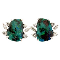 Diamond Cabochon Black Opal 14 Karat White Gold Leverback Vintage Earrings