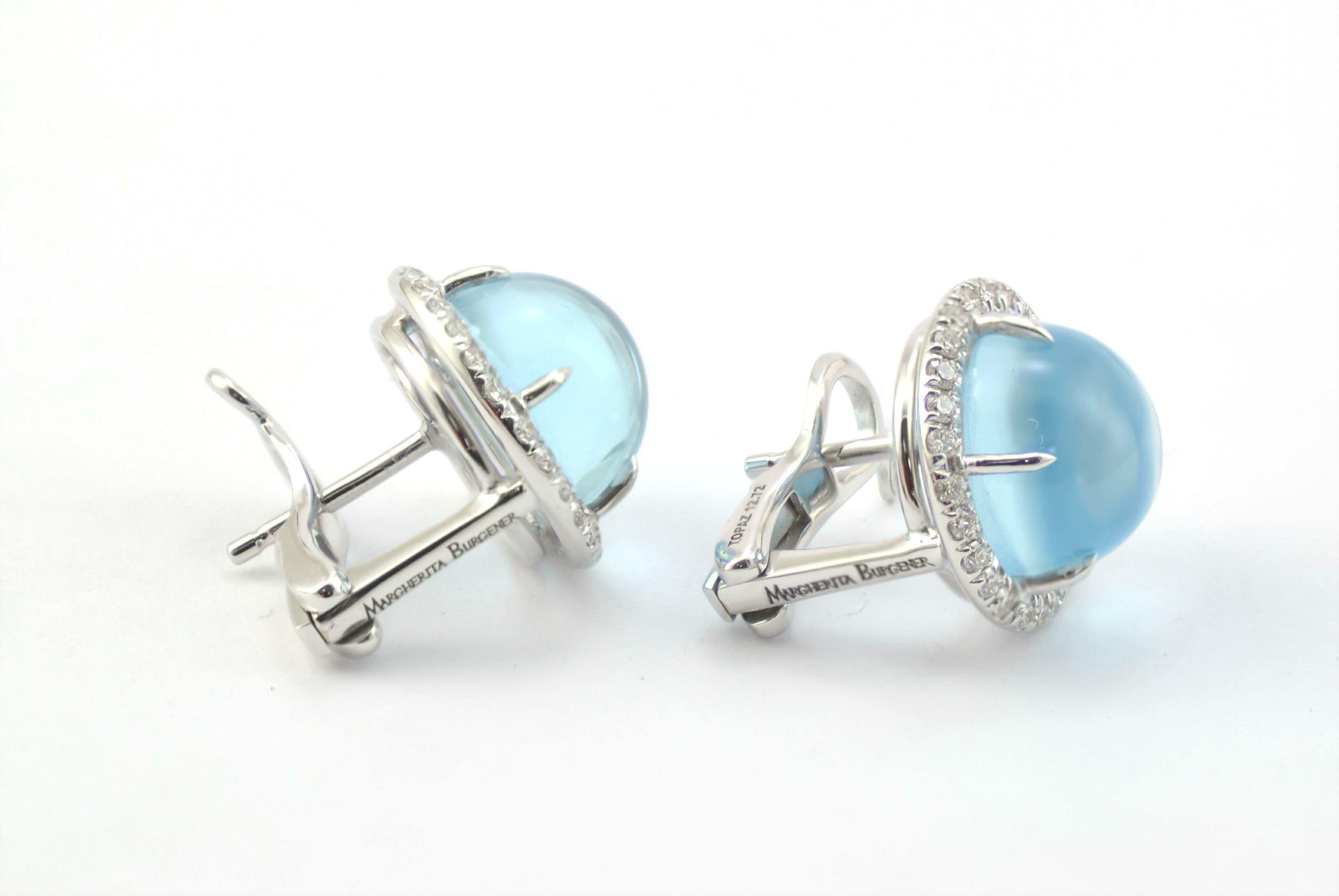 Diamond Cabochon Blue Topaz 18 KT White Gold  Made in Italy Earrings In New Condition In Valenza , IT