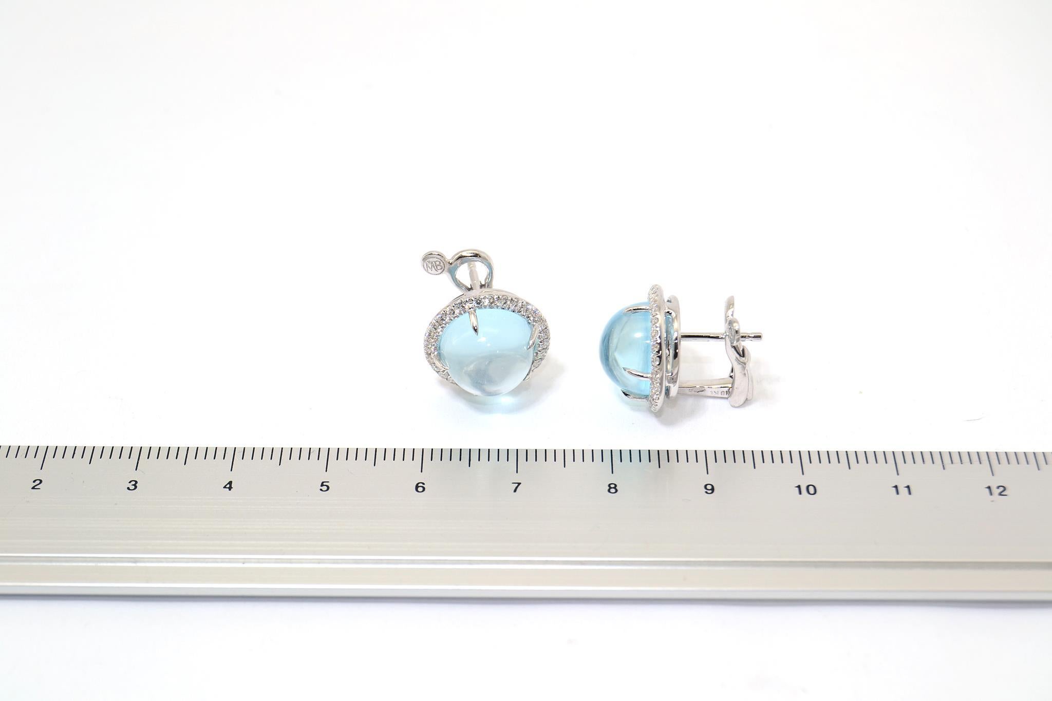 Round Cut Diamond Cabochon Blue Topaz 18 KT White Gold  Made in Italy Earrings