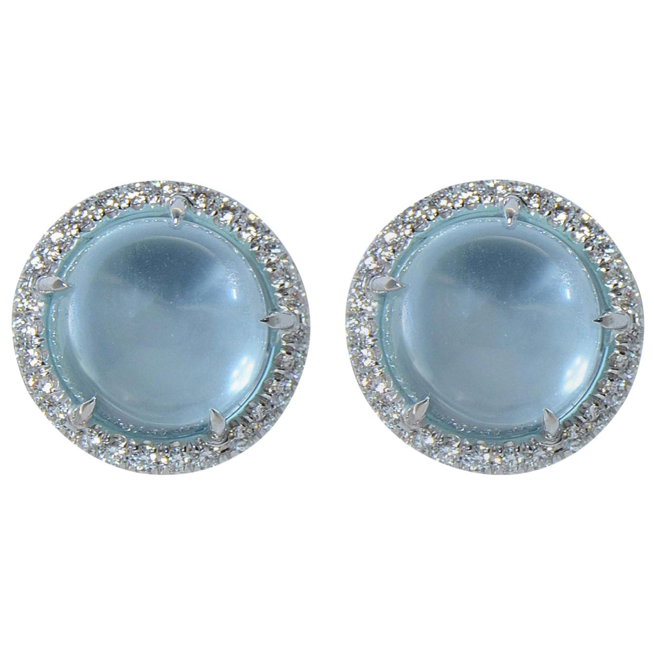 Diamond Cabochon Blue Topaz 18 KT White Gold  Made in Italy Earrings
