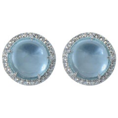 Diamond Cabochon Blue Topaz 18 KT White Gold  Made in Italy Earrings