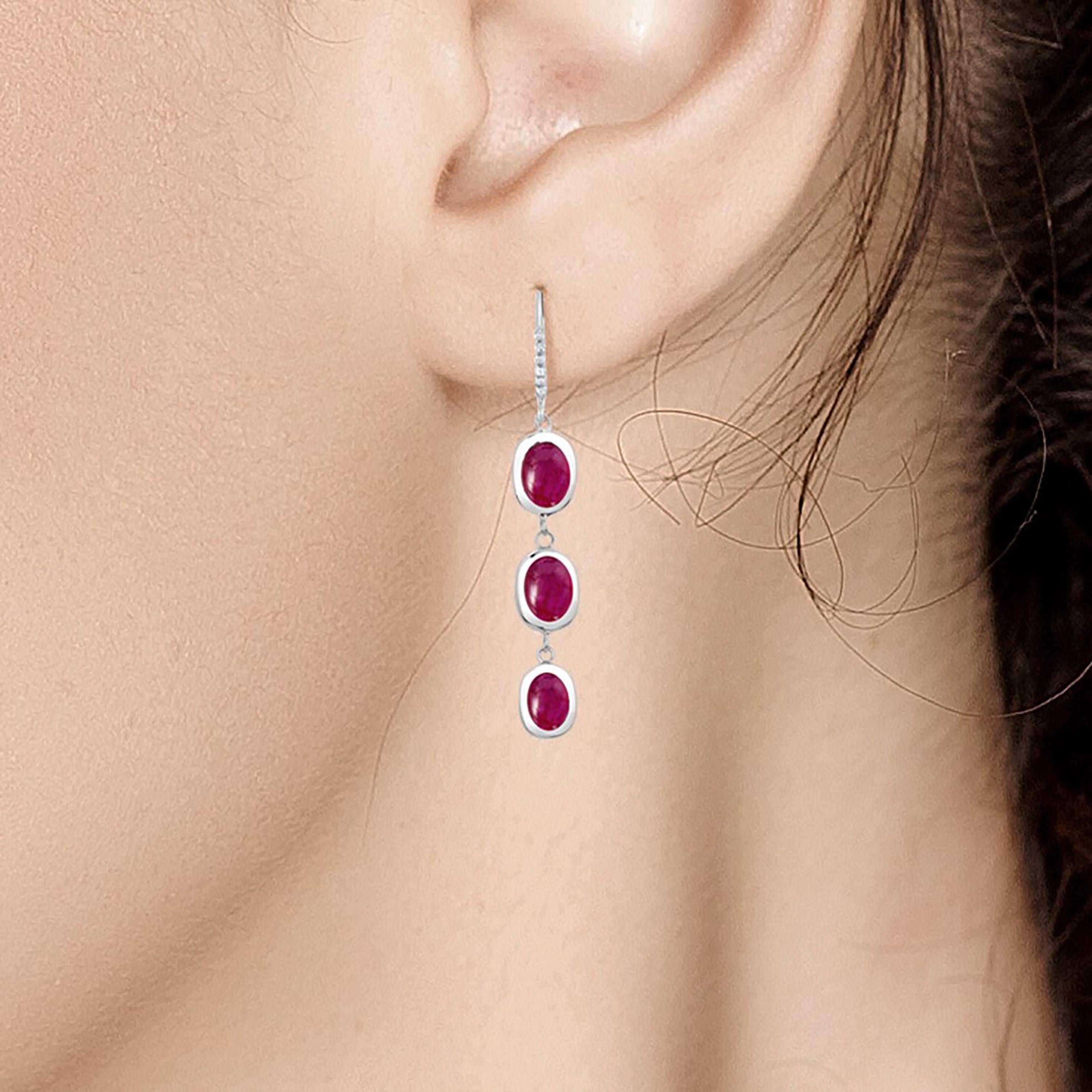 Contemporary Diamond Cabochon Burma Ruby Hoop Long Earrings Weighing 10.25 Carat