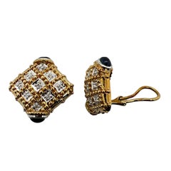 Diamond Cabochon Sapphire Checkerboard Square Earrings 14 Karat Yellow Gold
