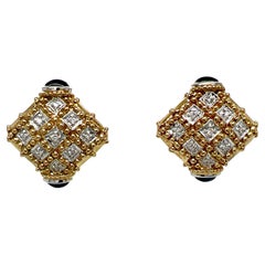 Diamond Cabochon Sapphire Checkerboard Square Earrings 14 Karat Yellow Gold
