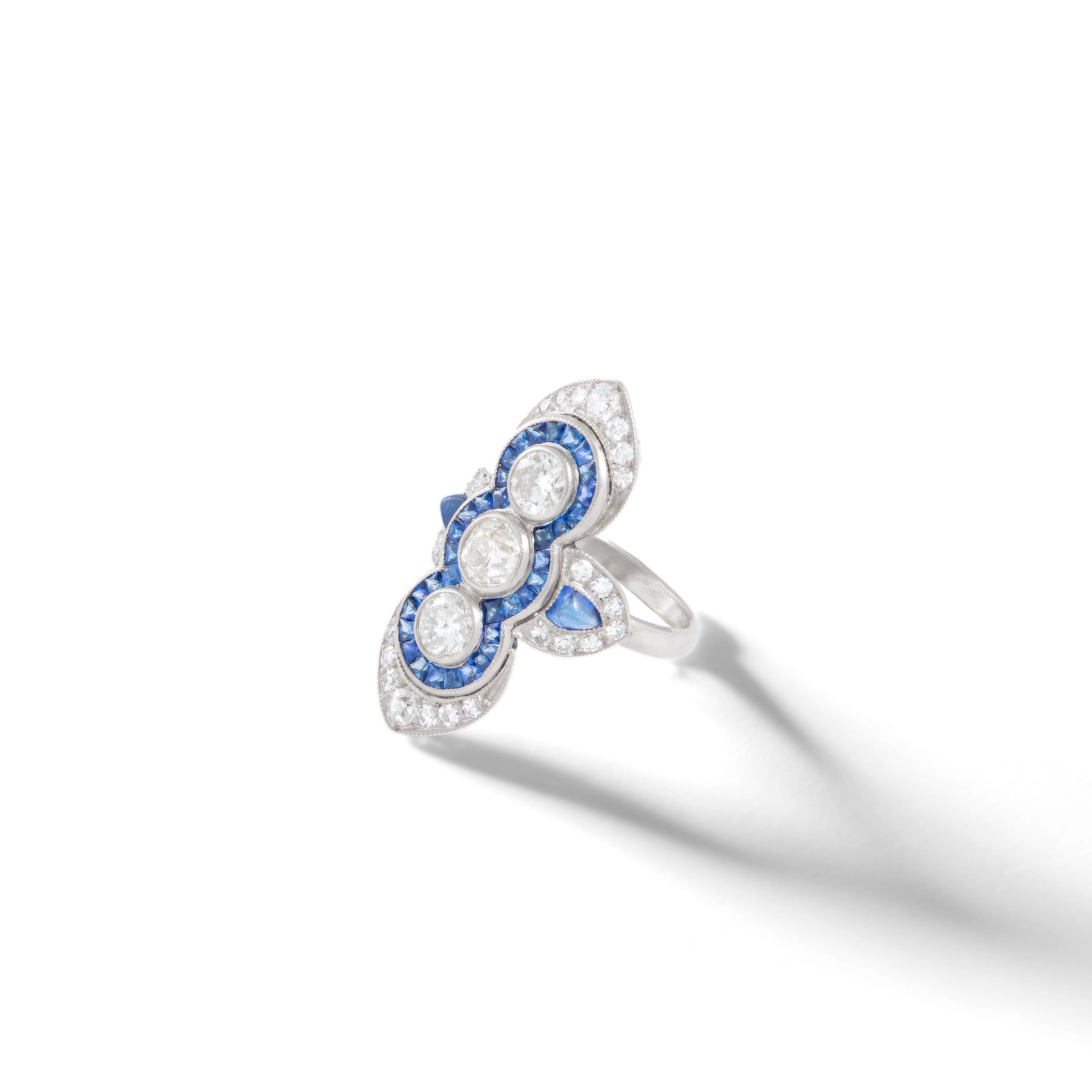 Diamant-Saphir-Ring mit Diamant-Verschluss (Art déco) im Angebot