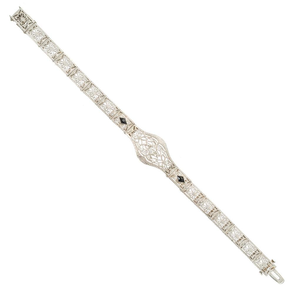 Diamond Calibre Sapphire White Gold Filigree Bracelet In Good Condition For Sale In Stamford, CT