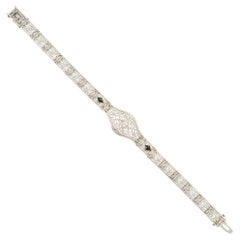 Antique Diamond Calibre Sapphire White Gold Filigree Bracelet