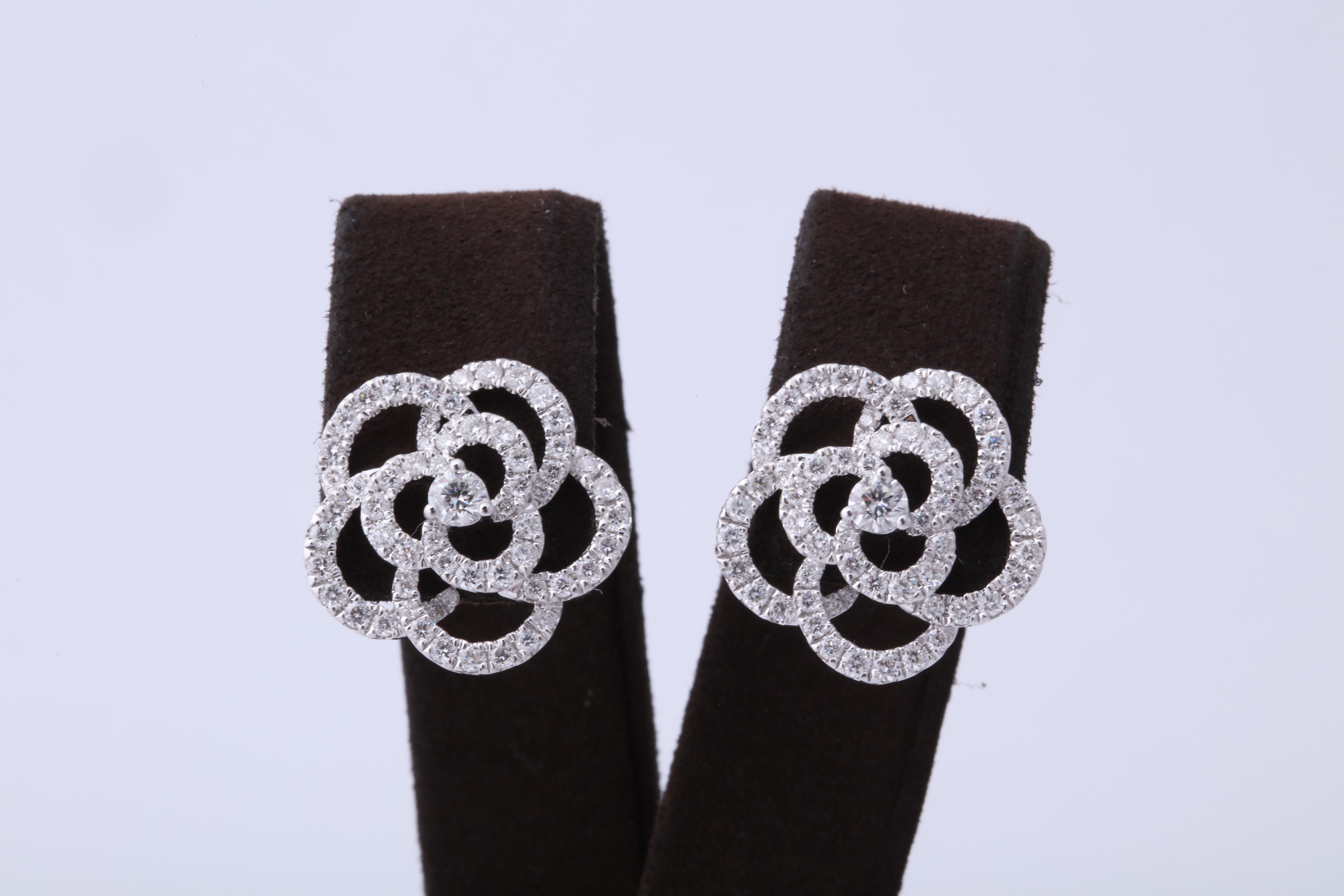 Diamond Camelia Flower Earrings In New Condition In New York, NY