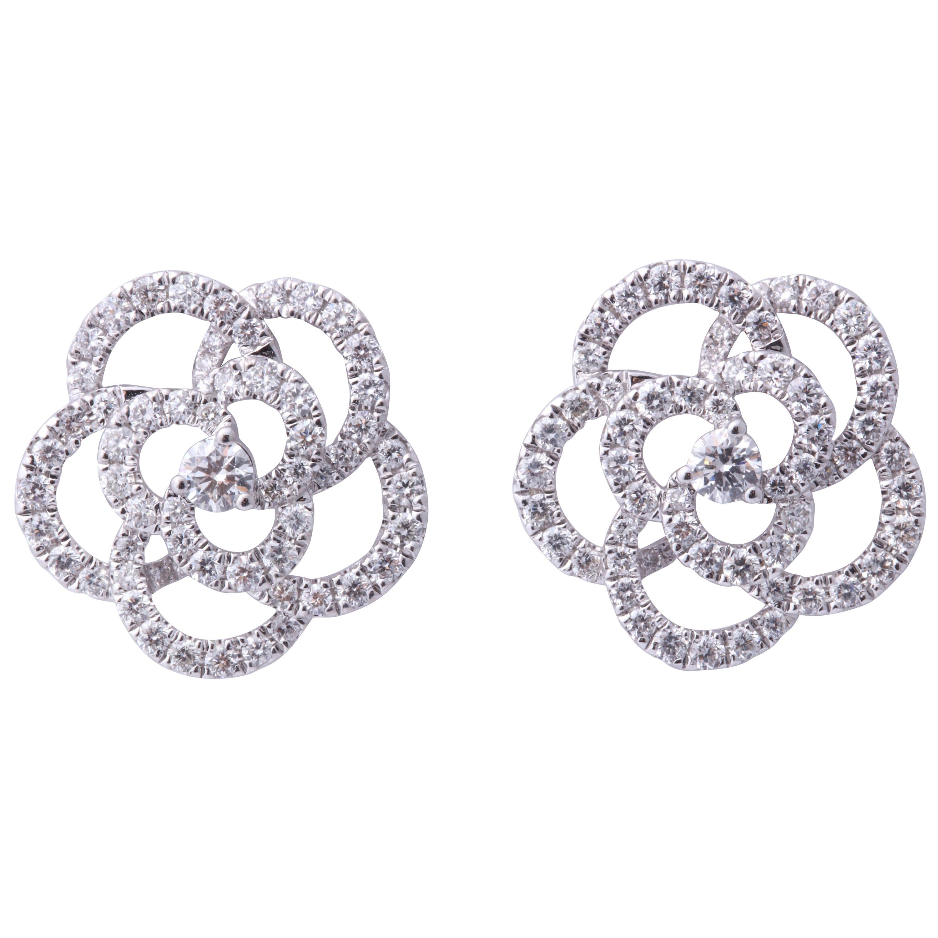 Diamond Camelia Flower Earrings For Sale