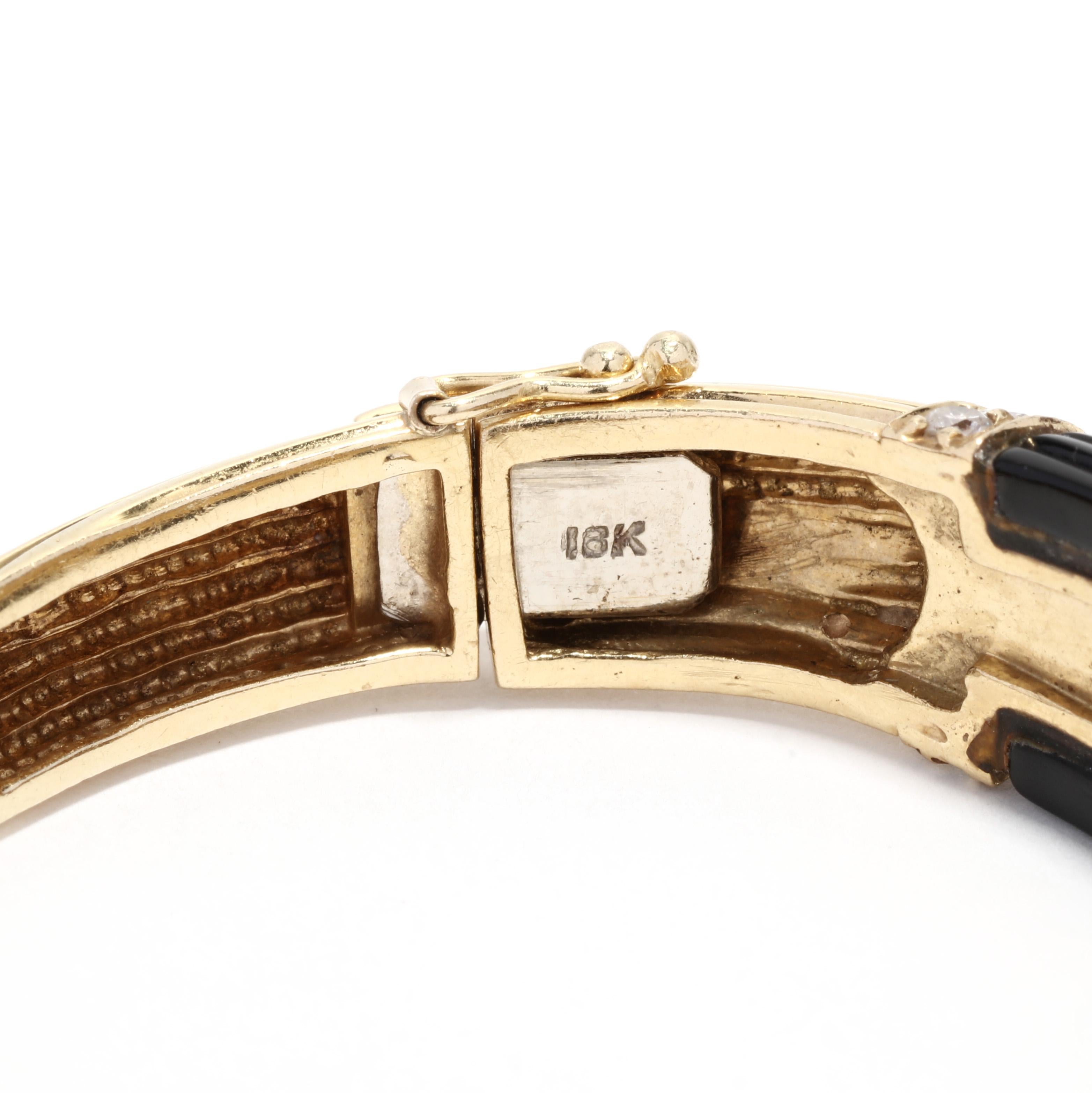 Brilliant Cut Diamond Carved Black Onyx Hinged Bangle Bracelet, 18K Yellow Gold For Sale