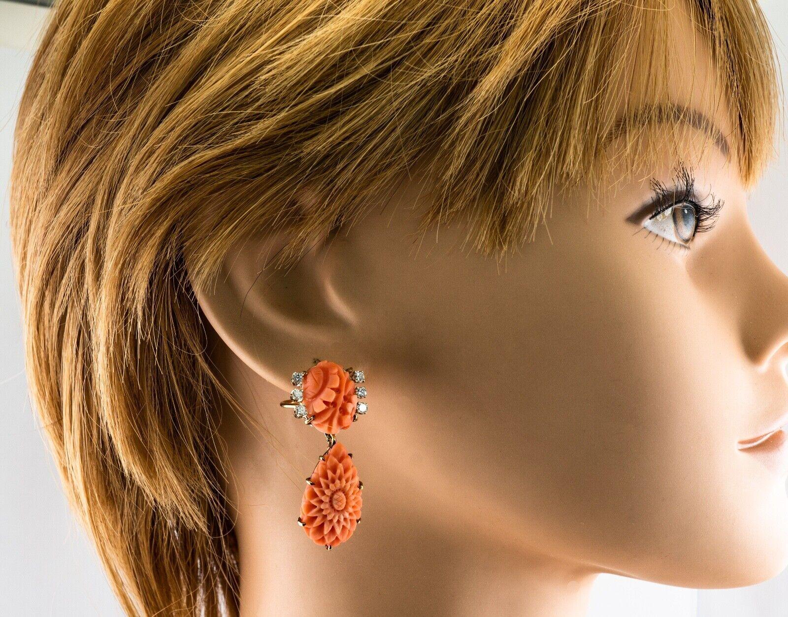 Diamond Carved Coral Earrings Dangle 14K Gold For Sale 5