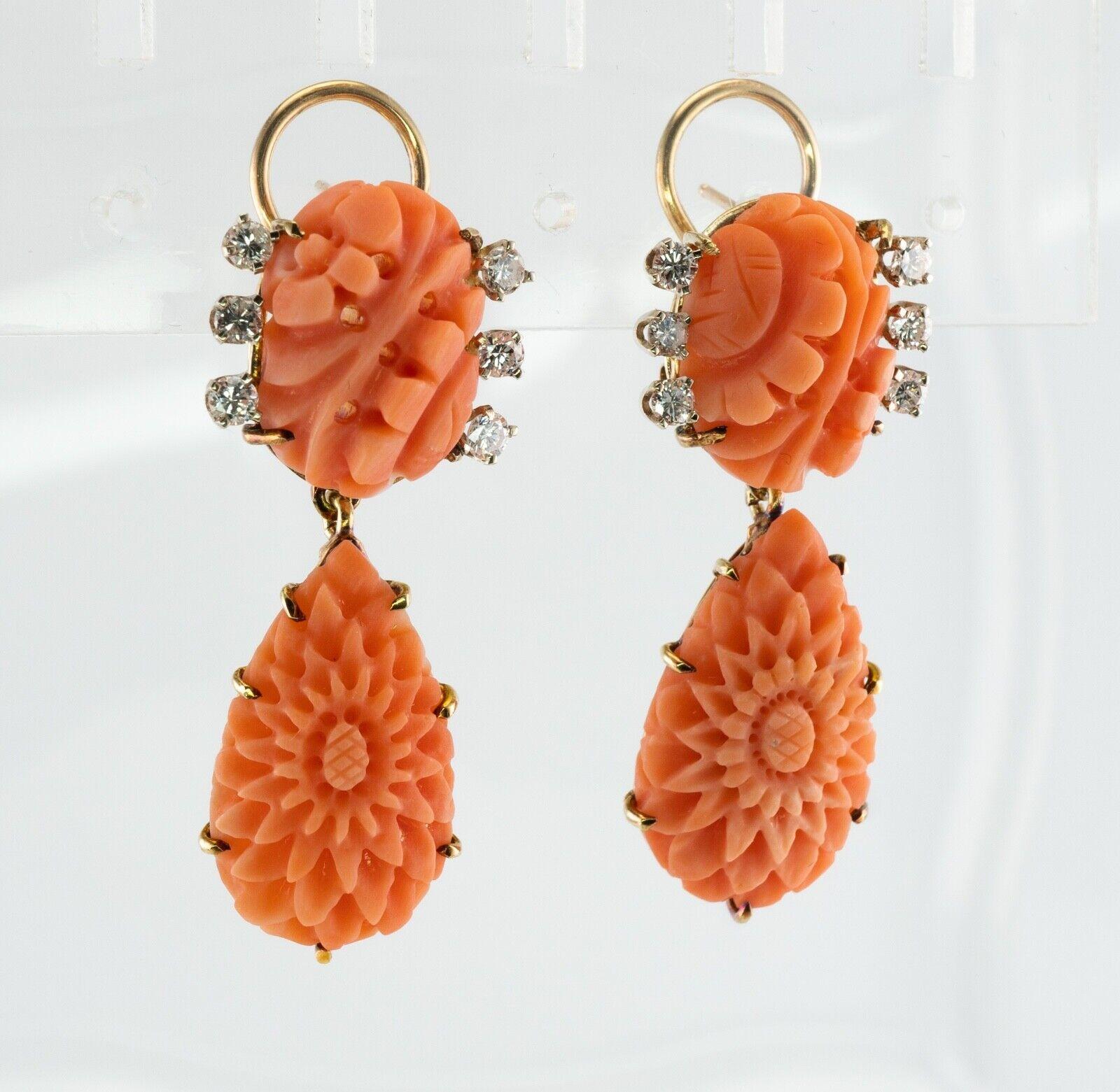 Diamond Carved Coral Earrings Dangle 14K Gold For Sale 6