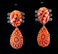 Diamond Carved Coral Earrings Dangle 14K Gold