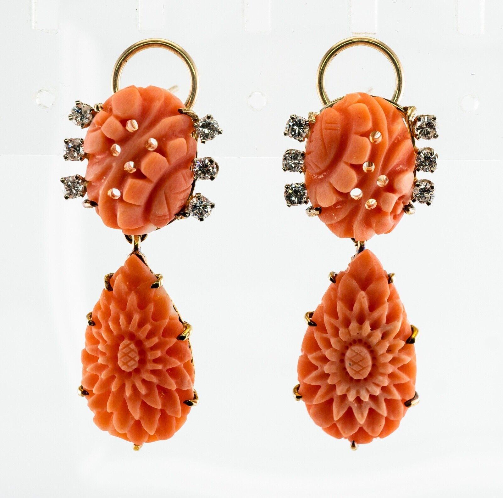 Cabochon Diamond Carved Coral Earrings Dangle 14K Gold For Sale