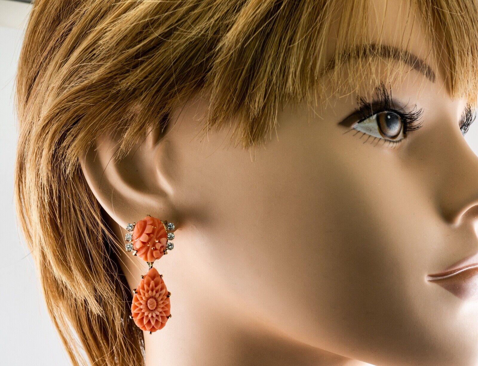 Diamond Carved Coral Earrings Dangle 14K Gold In Good Condition For Sale In East Brunswick, NJ