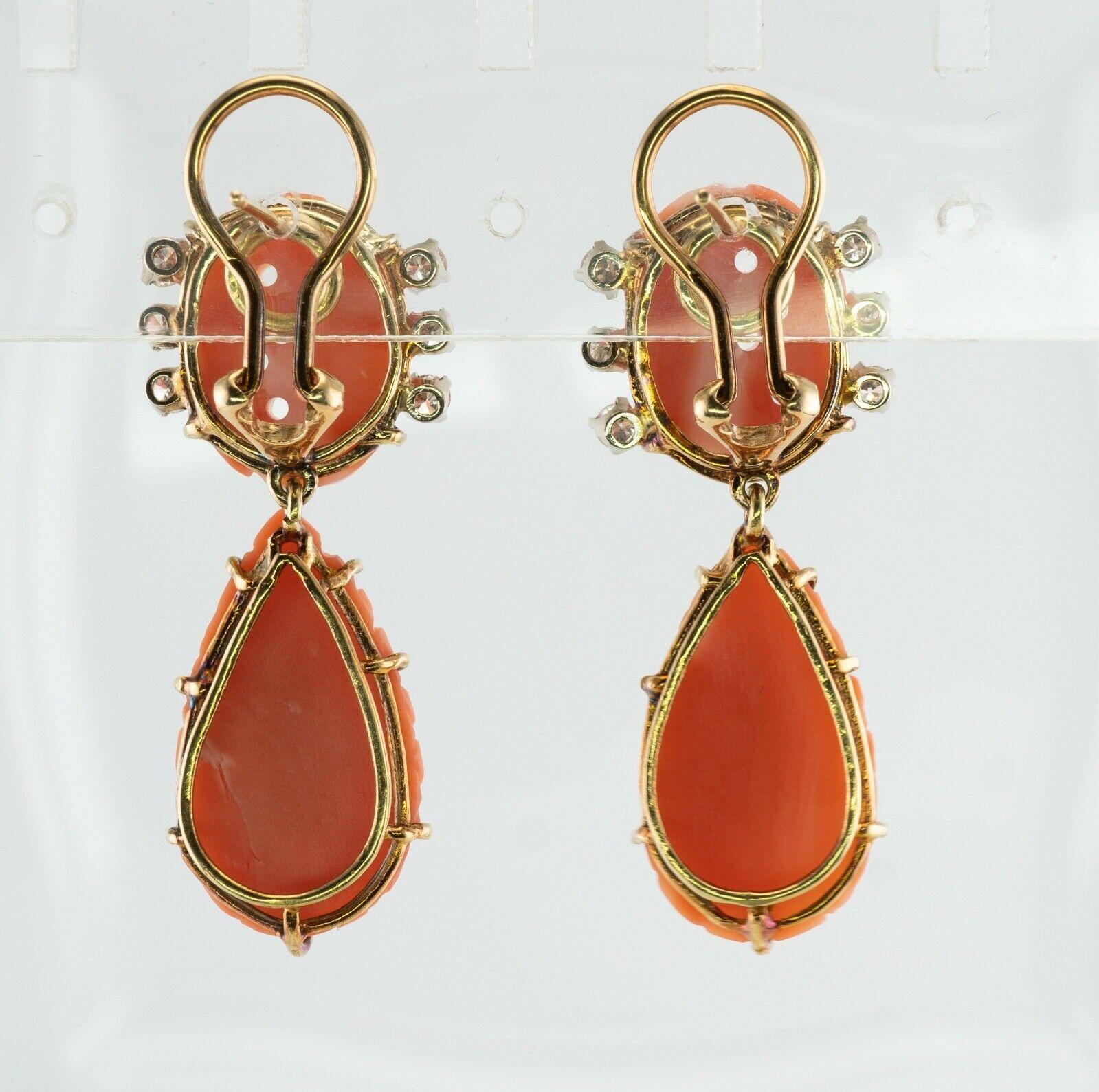 Women's Diamond Carved Coral Earrings Dangle 14K Gold For Sale