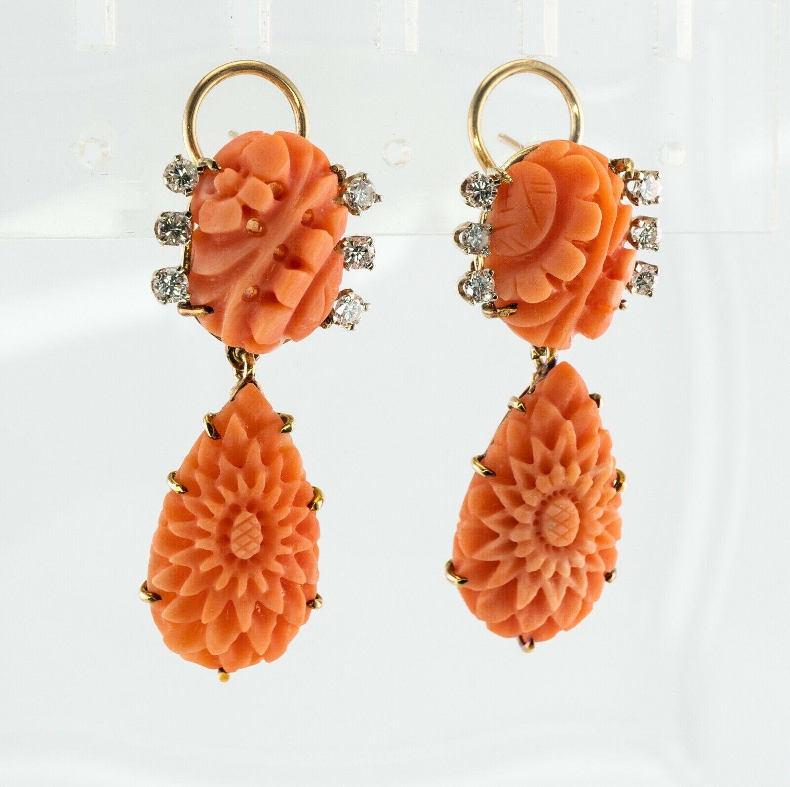 Diamond Carved Coral Earrings Dangle 14K Gold For Sale 3