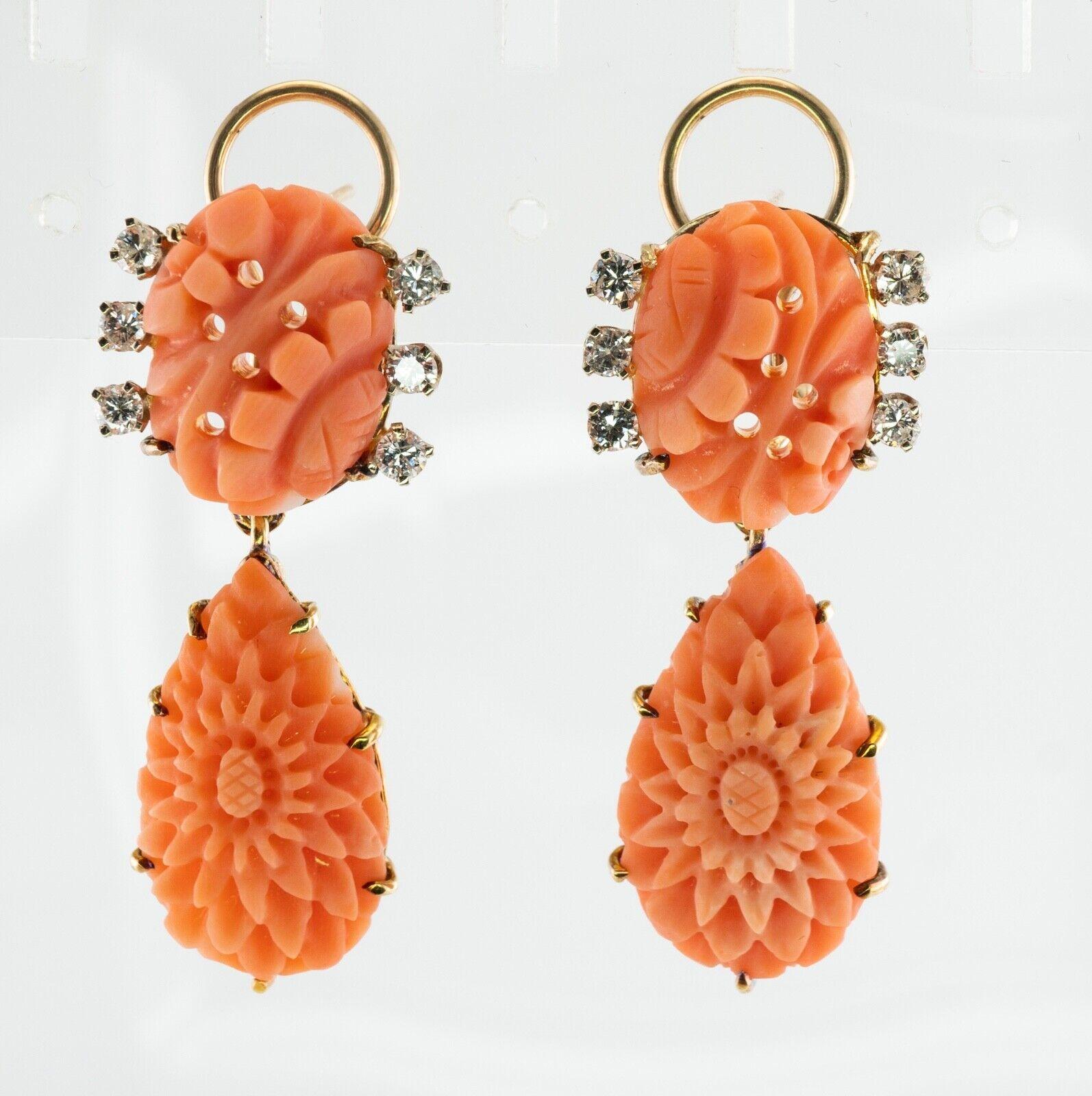 Diamond Carved Coral Earrings Dangle 14K Gold For Sale 4
