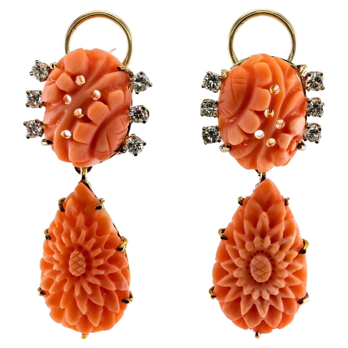 Diamond Carved Coral Earrings Dangle 14K Gold For Sale