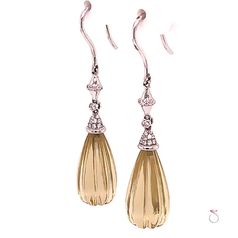 Modern Diamond and Carved Lemon Quartz Large Drop Earrings, 18 Karat White Gold