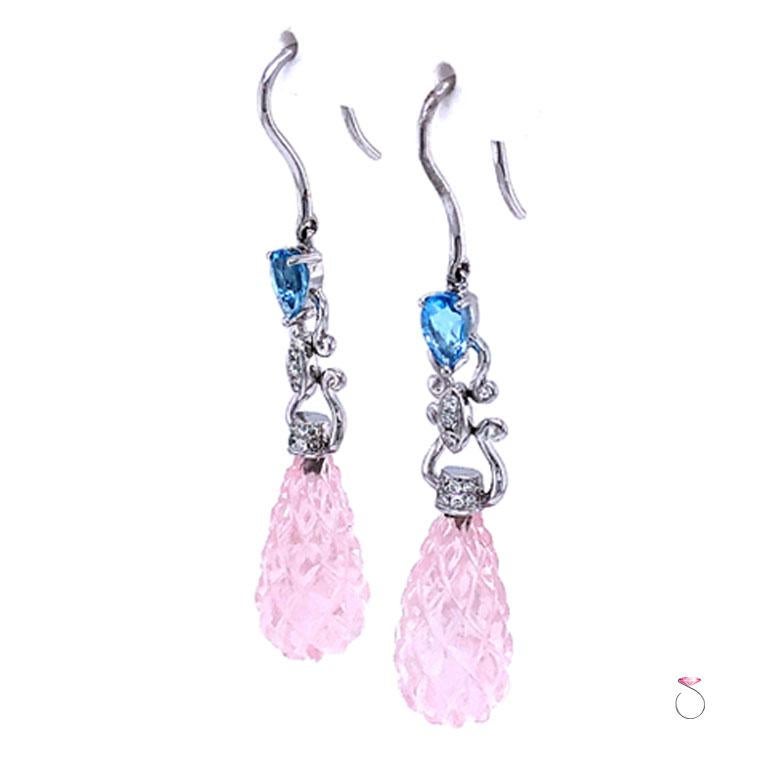 Modern Diamond and Carved Pink Quartz Large Drop Earrings, 18 Karat White Gold For Sale