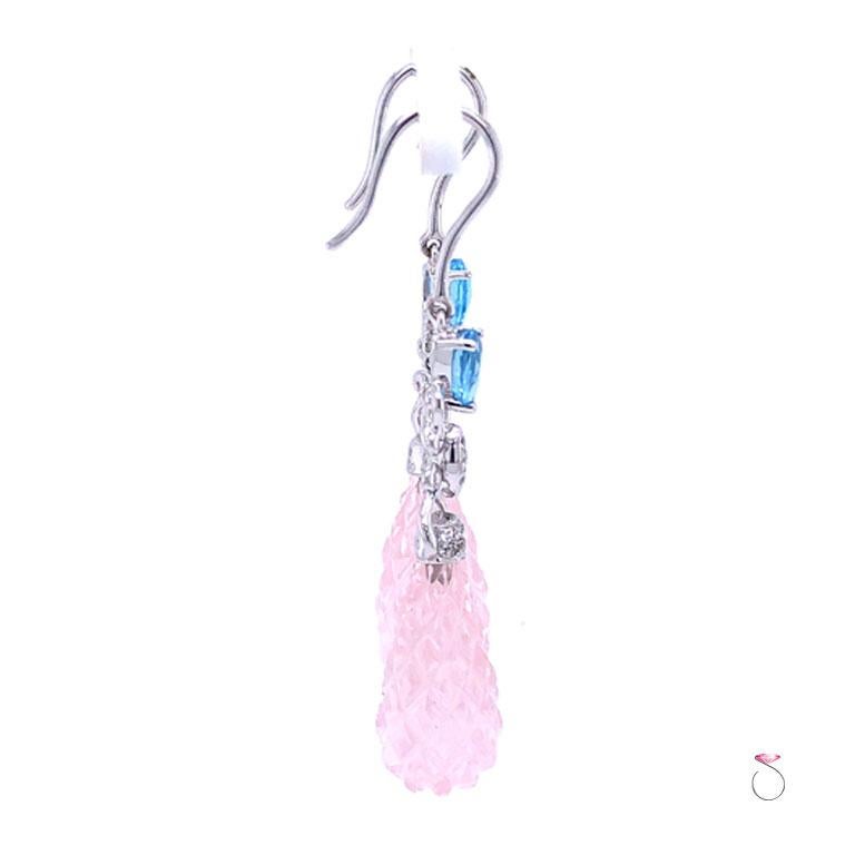 Pear Cut Diamond and Carved Pink Quartz Large Drop Earrings, 18 Karat White Gold For Sale