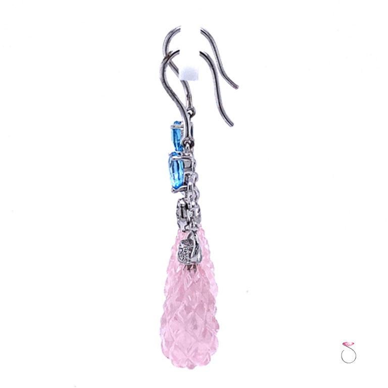 Diamond and Carved Pink Quartz Large Drop Earrings, 18 Karat White Gold In New Condition For Sale In Honolulu, HI