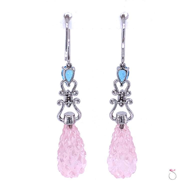 Women's Diamond and Carved Pink Quartz Large Drop Earrings, 18 Karat White Gold For Sale