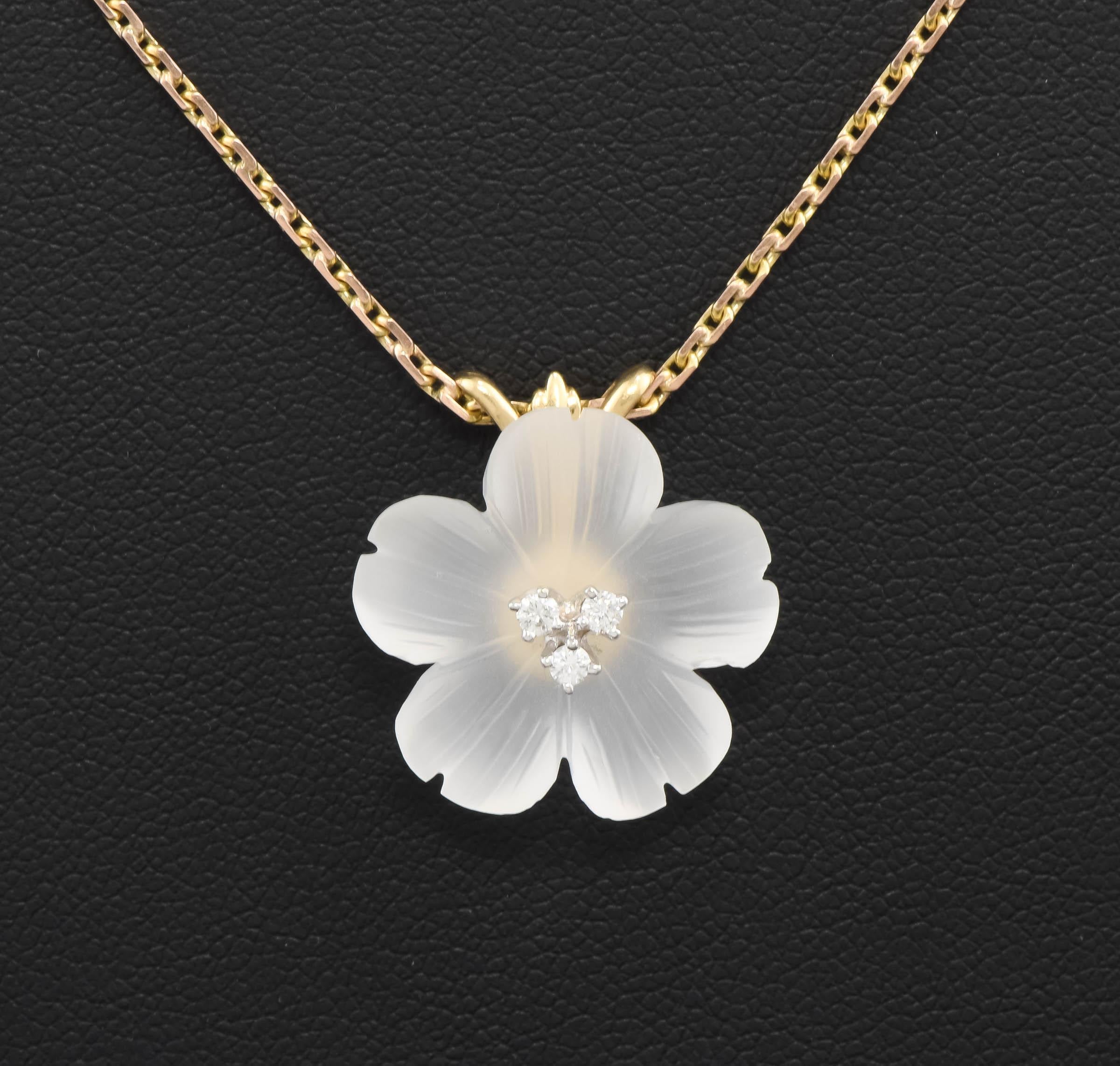 Brilliant Cut Diamond & Carved Rock Crystal Flower Blossom Necklace by Baumstein and Feder