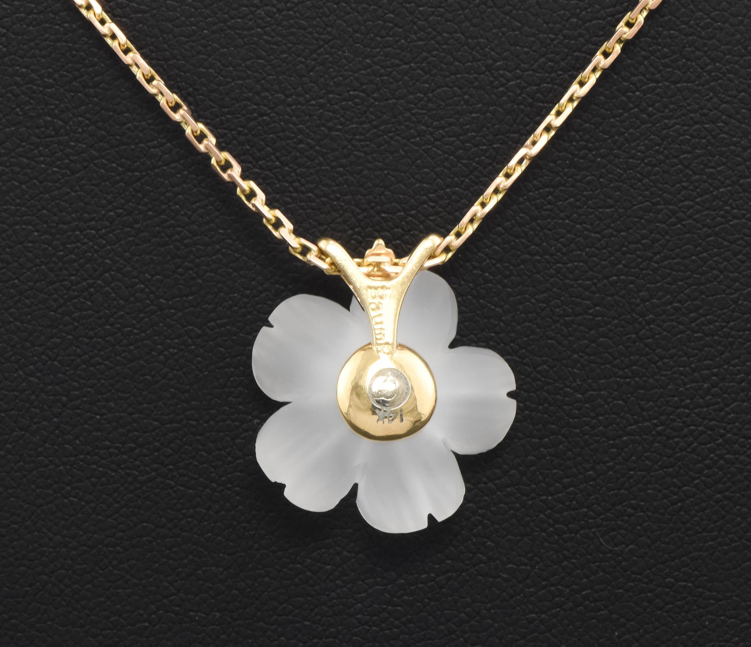 Diamond & Carved Rock Crystal Flower Blossom Necklace by Baumstein and Feder In Good Condition In Danvers, MA