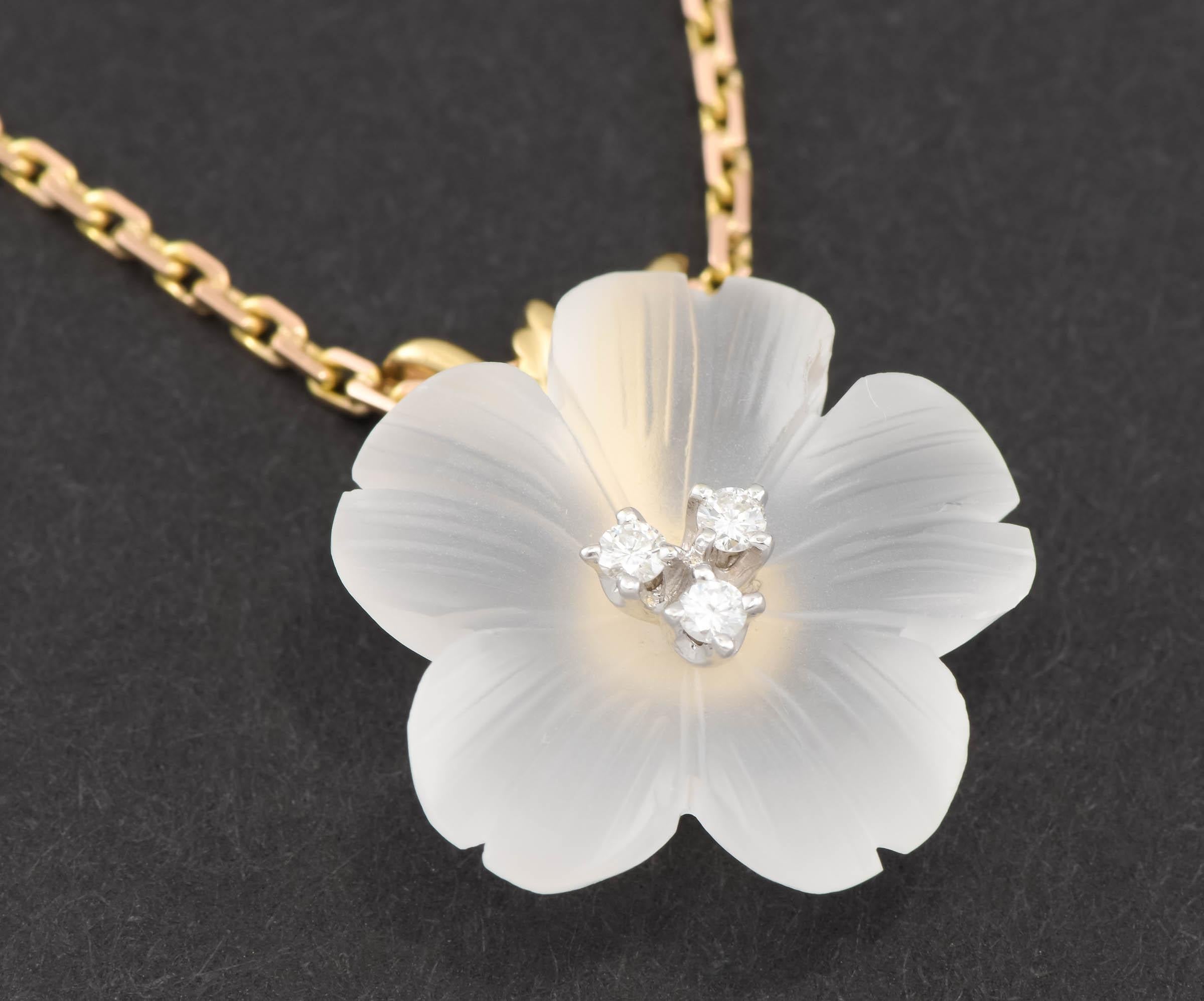 Women's Diamond & Carved Rock Crystal Flower Blossom Necklace by Baumstein and Feder
