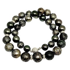 Diamond Carved Tahitian Pearl Necklace Certified