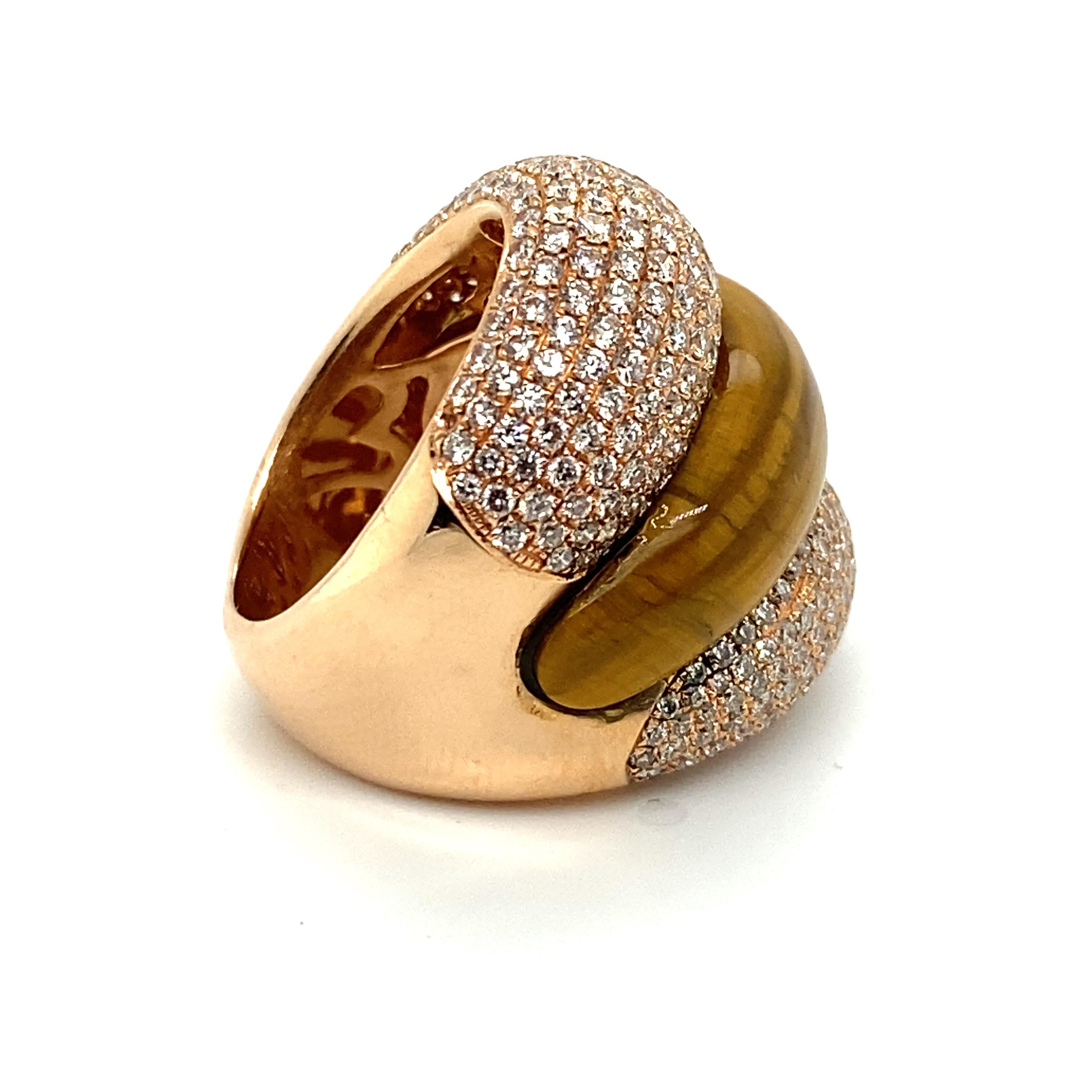 Round Cut Diamond and Carved Tiger's Eye Quartz Polished 18 Karat Gold Cocktail Ring For Sale