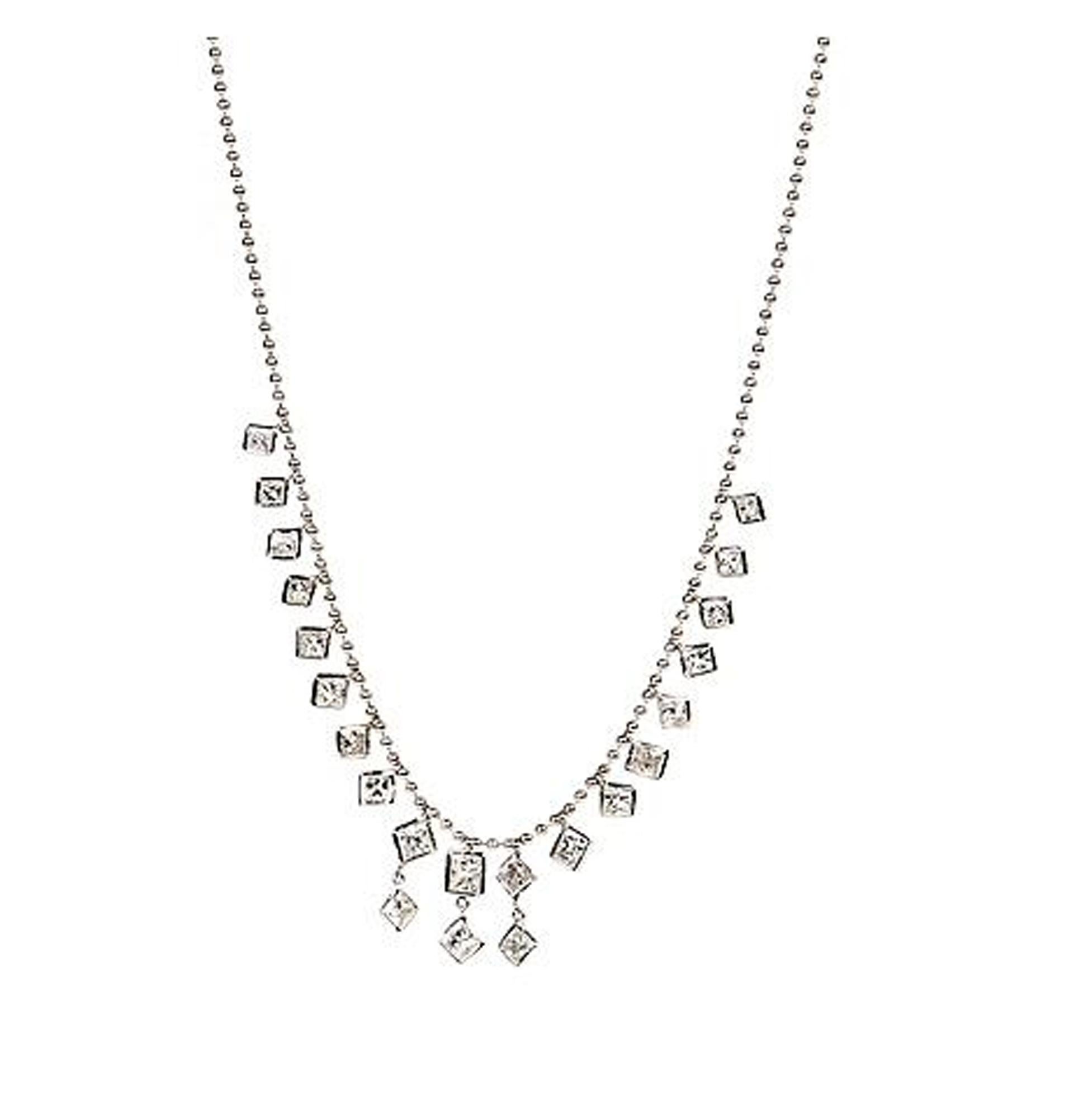 4.75 TW Diamond Cascade Tiered Necklace W/G Bezel set Princess Cut Diamonds  For Sale