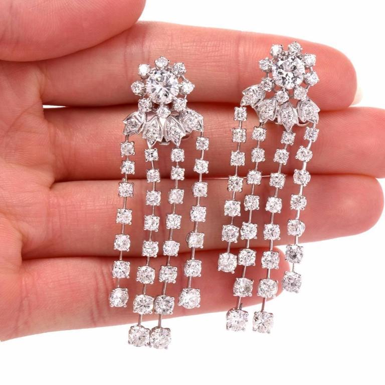 Women's 14.21 Carats Diamond Cascading Platinum Chandelier Earrings For Sale