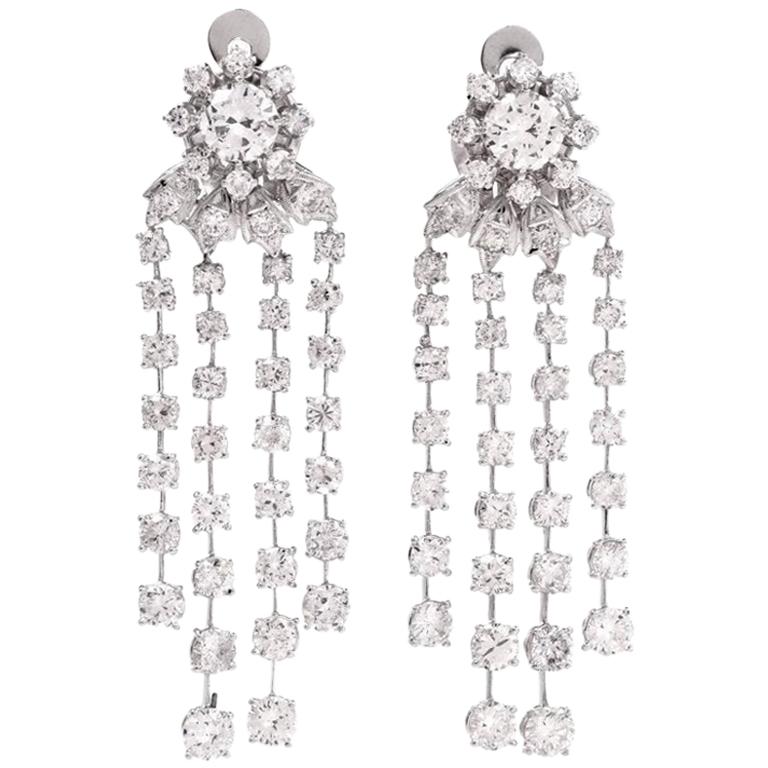 14.21 Carats Diamond Cascading Platinum Chandelier Earrings For Sale