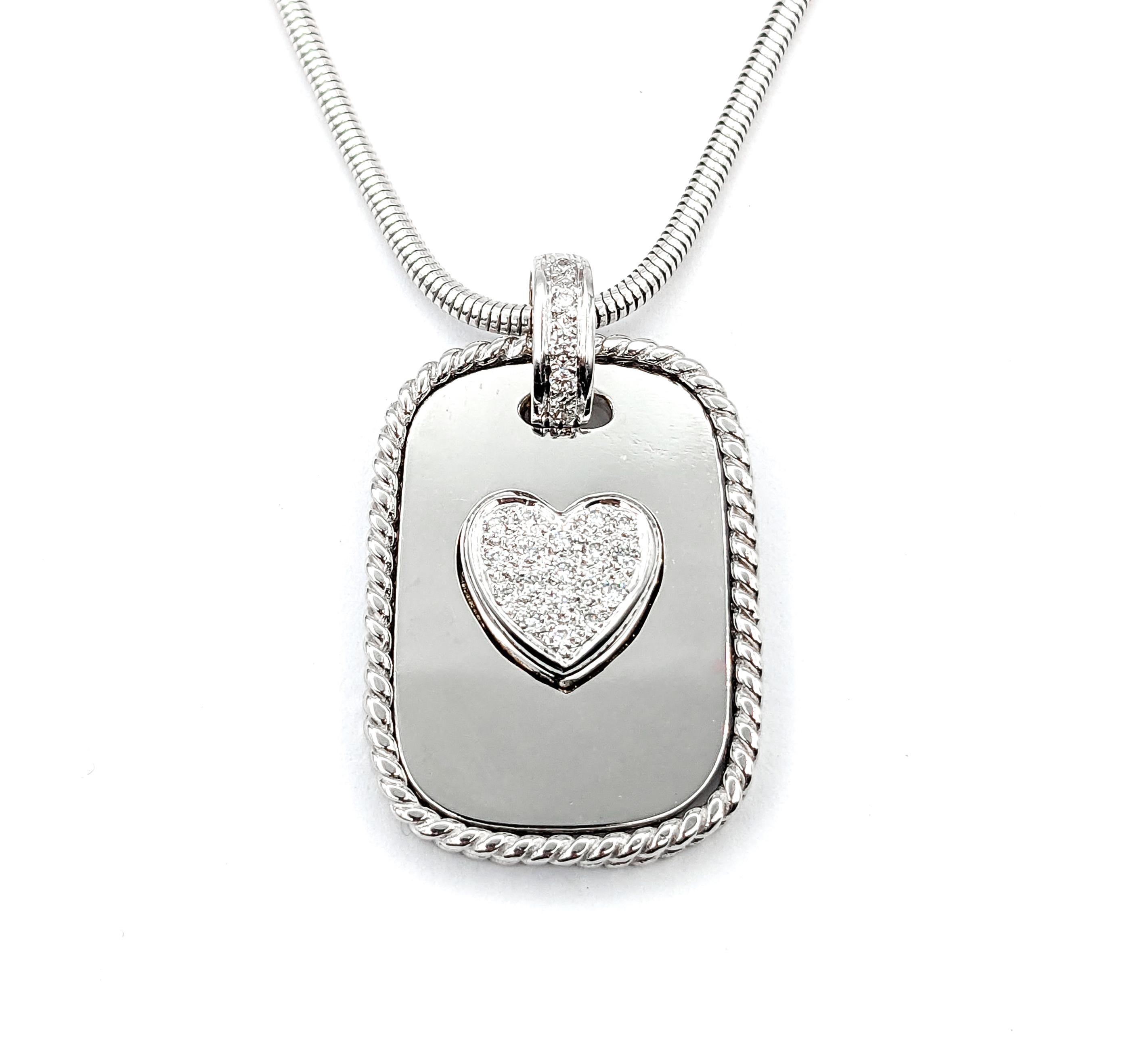 Modern Diamond Cassis Dog Tag Pave Heart Pendant In White Gold W/Snake Chain For Sale